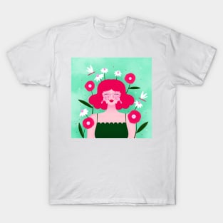 Happy girl with flowers and dragonflies, version 3 T-Shirt